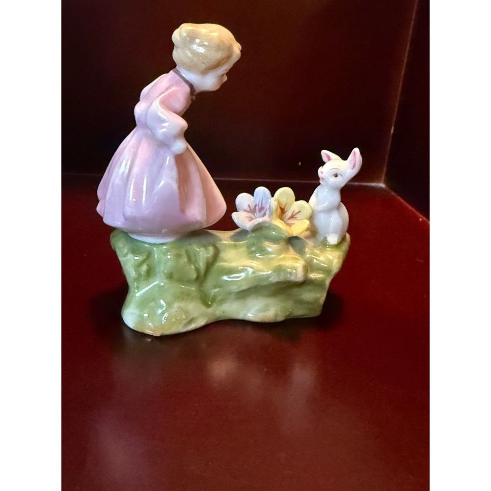 Vintage Porcelain Girl with Rabbit Hand Painted Ceramic Cottagecore Granny Style